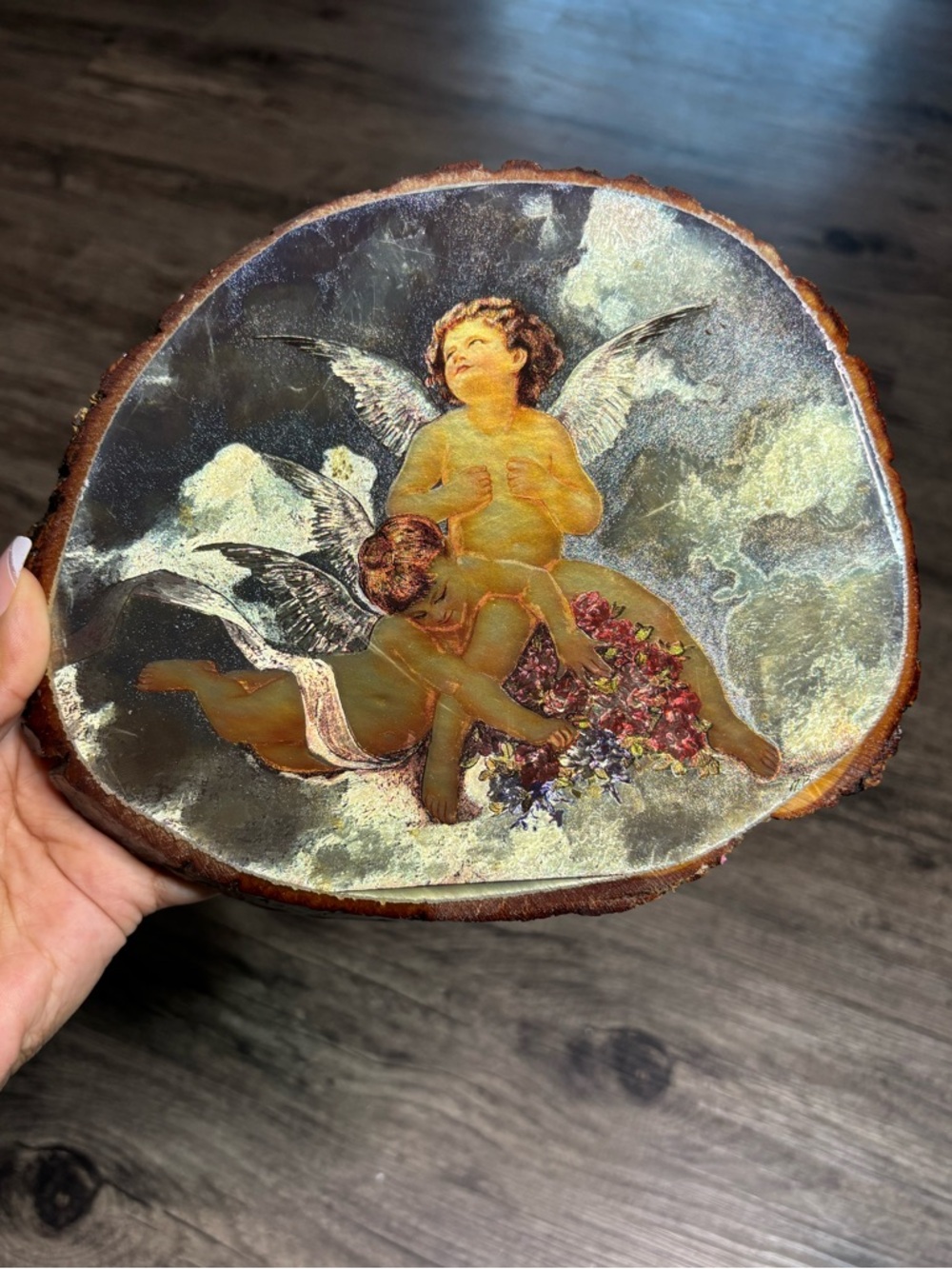 Vintage Decor Plaque Ft. Cherub Artwork Mounted On Natural Wood Slice USA Made